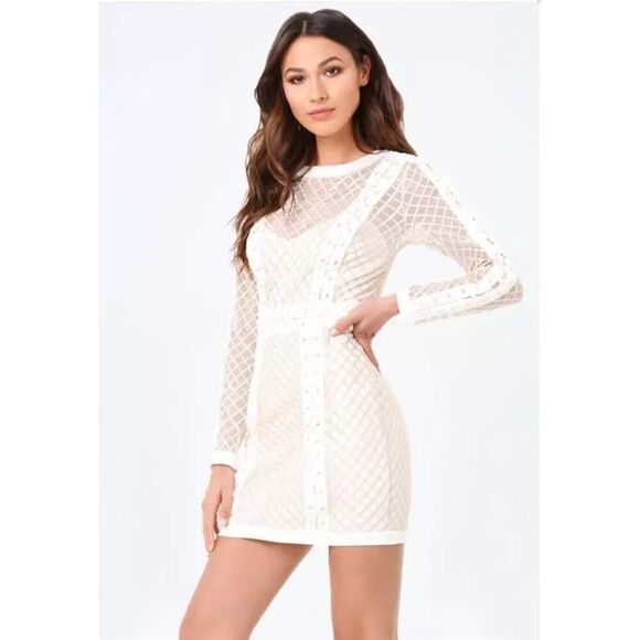 BEBE IVORY METALLIC EMBROIDERED MESH LACE UP DRESS KNEE LENGTH sz 8 - Picture 2 of 16